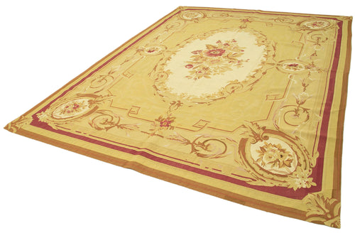Aubusson Floral Yellow Floral Cotton Wool Handmade Area Rug 8'7'' x 11'11''