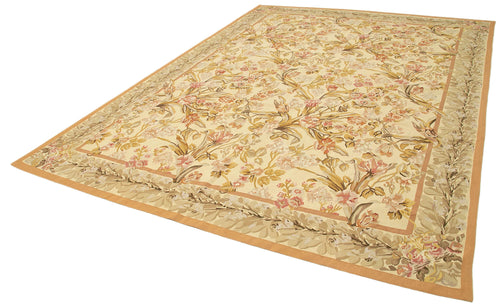 Aubusson Floral Yellow Floral Cotton Wool Handmade Area Rug 8'8'' x 12'1''