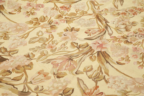 Aubusson Floral Beige Floral Cotton Wool Handmade Area Rug 8'10'' x 12'1''