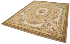 Aubusson Floral Beige Floral Cotton Wool Handmade Area Rug 8'10'' x 11'1''