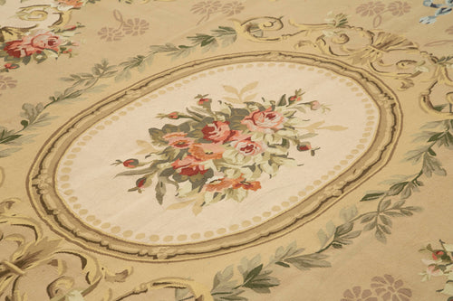 Aubusson Floral Beige Floral Cotton Wool Handmade Area Rug 8'10'' x 11'1''