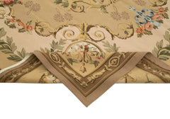 Aubusson Floral Beige Floral Cotton Wool Handmade Area Rug 8'10'' x 11'1''
