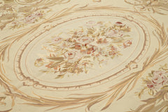 Handmade Area Rug – Wool Cotton Floral Beige Vintage Turkish Woven Carpet 8'10"x12'0"