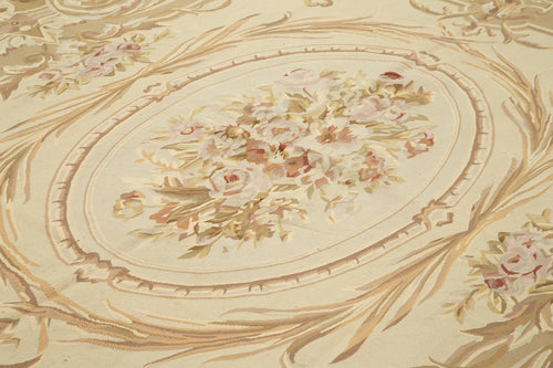 Handmade Area Rug – Wool Cotton Floral Beige Vintage Turkish Woven Carpet 8'10"x12'0"