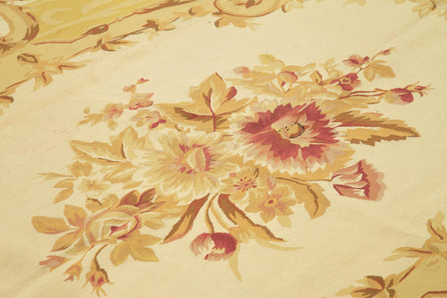 Aubusson Floral Yellow Floral Cotton Wool Handmade Area Rug 8'8'' x 11'11''