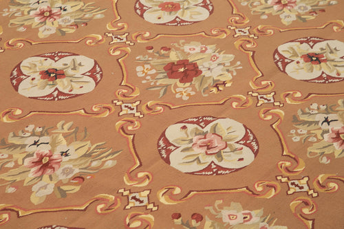Aubusson Floral Beige Floral Cotton Wool Handmade Area Rug 9'10'' x 14'1''