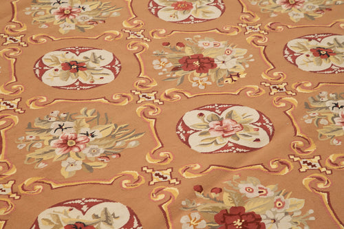 Aubusson Floral Orange Floral Cotton Wool Handmade Area Rug 10'0'' x 14'0''