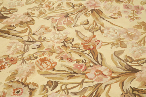 Aubusson Floral Beige Floral Cotton Wool Handmade Area Rug 9'11'' x 14'0''