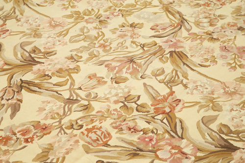 Aubusson Floral Beige Floral Cotton Wool Handmade Area Rug 9'9'' x 14'2''