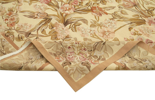 Aubusson Floral Beige Floral Cotton Wool Handmade Area Rug 9'9'' x 14'2''
