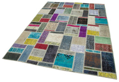 Handmade Area Rug | Grey Patchwork Turkish Wool Carpet 5'9''x8'1'' | Cotton Wool Rug