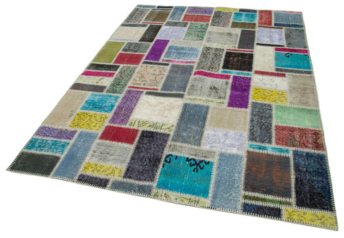 Handmade Area Rug | Grey Patchwork Turkish Wool Carpet 5'9''x8'1'' | Cotton Wool Rug
