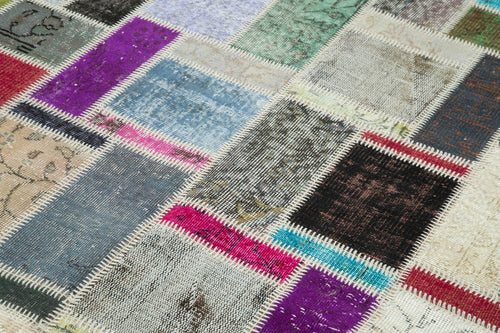 Handmade Area Rug | Grey Patchwork Turkish Wool Carpet 5'9''x8'1'' | Cotton Wool Rug