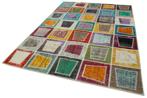 Handmade Area Rug - Grey Patchwork Wool Cotton Vintage Turkish Carpet 6'7''x9'2''