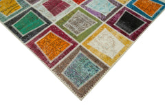 Handmade Area Rug - Grey Patchwork Wool Cotton Vintage Turkish Carpet 6'7''x9'2''