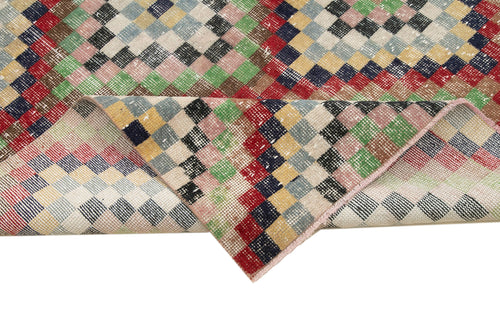 Checkered Runner White Geometric Cotton Wool Handmade Area Rug 4'8'' x 10'0''