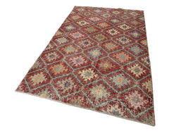 Handmade Area Rug - Red Checkered Kilim Wool Cotton Carpet 5'1''x9'4'' Durable Floor Covering