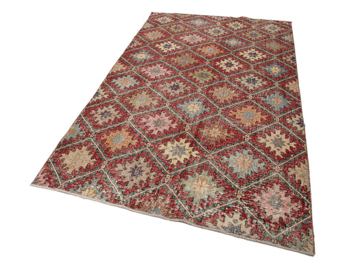 Handmade Area Rug - Red Checkered Kilim Wool Cotton Carpet 5'1''x9'4'' Durable Floor Covering