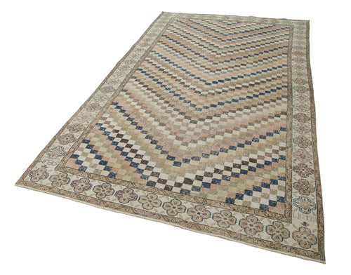 Checkered Kilim Beige Cotton Wool Handmade Area Rug 5'5'' x 9'7''