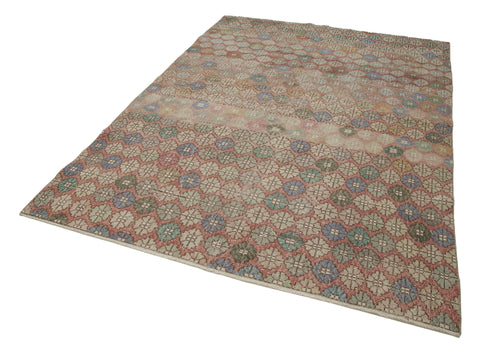 Handmade Area Rug – Checkered Kilim Beige Cotton Wool Vintage Carpet 6'2''x8'7''