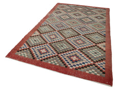 Checkered Kilim Red Cotton Wool Handmade Area Rug 5'9'' x 9'4''