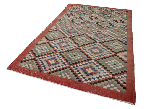 Checkered Kilim Red Cotton Wool Handmade Area Rug 5'9'' x 9'4''