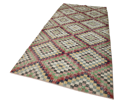 Checkered Runner White Geometric Cotton Wool Handmade Area Rug 4'6'' x 10'0''