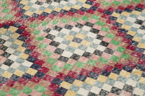 Checkered Runner White Geometric Cotton Wool Handmade Area Rug 4'6'' x 10'0''