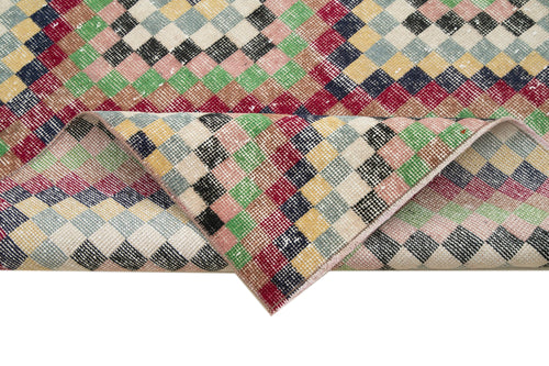 Checkered Runner White Geometric Cotton Wool Handmade Area Rug 4'6'' x 10'0''