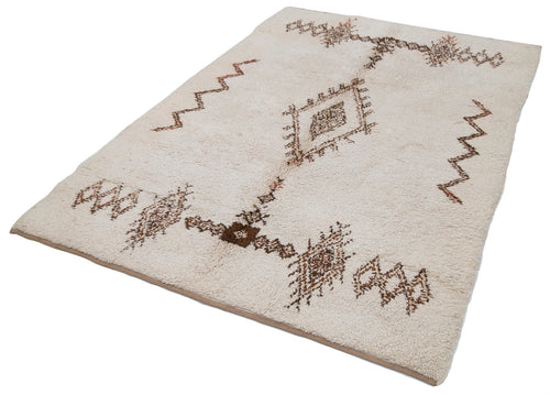 Handmade Area Rug - Beige Geometric Cotton Wool 5x8 Vintage Handwoven Carpet