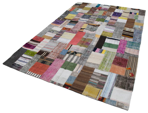 Handmade Area Rug - Grey Patchwork Cotton Wool Vintage Turkish Carpet 6'7''x9'10''