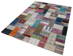 Handmade Area Rug - Grey Patchwork Cotton Wool Vintage Turkish Carpet 5'7''x7'8''