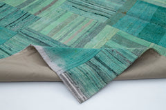 Kirk Yama Turquoise Patchwork Cotton Wool Handmade Area Rug 6'11'' x 9'9''