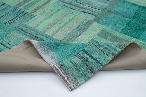 Kirk Yama Turquoise Patchwork Cotton Wool Handmade Area Rug 6'11'' x 9'9''