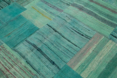 Kirk Yama Turquoise Patchwork Cotton Wool Handmade Area Rug 6'11'' x 9'9''