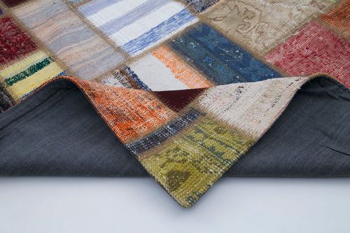 Handmade Area Rug - Grey Patchwork Cotton Wool Vintage Turkish Carpet 6'9" x 9'7"