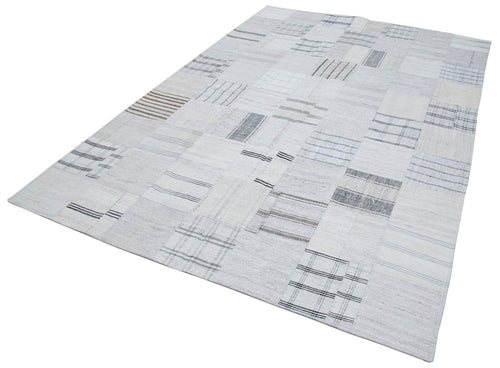 Handmade Area Rug - Beige Patchwork Cotton Wool Vintage Turkish Carpet 6'8''x9'10''