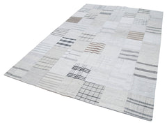 Handmade Area Rug | Beige Patchwork Turkish Wool Cotton 6x9 Vintage Carpet
