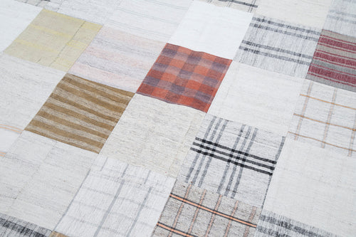 Handmade Area Rug - Grey Patchwork Cotton Wool Vintage Hand Woven Carpet 6'8''x9'11''