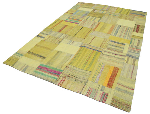 Handmade Area Rug – Yellow Patchwork Cotton Wool Vintage Turkish Carpet 6'8''x9'9''