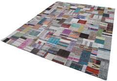 Handmade Area Rug | Grey Patchwork Cotton Wool Vintage Turkish Carpet 8'1''x10'