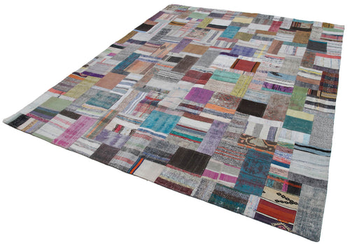 Handmade Area Rug | Grey Patchwork Cotton Wool Vintage Turkish Carpet 8'1''x10'