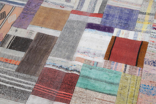 Handmade Area Rug | Grey Patchwork Cotton Wool Vintage Turkish Carpet 8'1''x10'