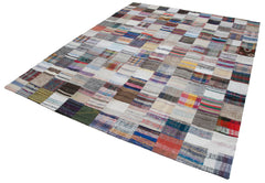 Handmade Area Rug – Grey Patchwork Turkish Wool Carpet 7'11''x9'10'' Durable Cotton Blend