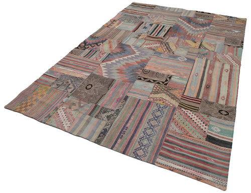 Handmade Area Rug | Grey Patchwork Carpet - Durable Wool Cotton Floor Covering 6'8"x9'11"