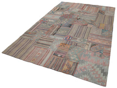 Handmade Area Rug - Kirk Yama Grey Patchwork Cotton Wool Vintage Carpet 6'8''x9'11''