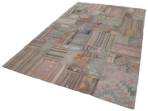 Handmade Area Rug - Kirk Yama Grey Patchwork Cotton Wool Vintage Carpet 6'8''x9'11''