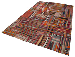 Handmade Area Rug - Red Patchwork Wool Cotton Carpet, Turkish Hand Knotted Vintage Style 6'8''x9'11''