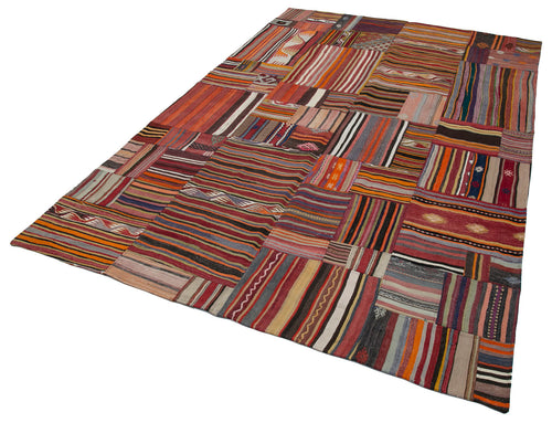 Handmade Area Rug - Red Patchwork Wool Cotton Carpet, Turkish Hand Knotted Vintage Style 6'8''x9'11''