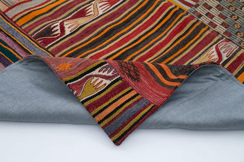 Handmade Area Rug - Red Patchwork Wool Cotton Carpet, Turkish Hand Knotted Vintage Style 6'8''x9'11''